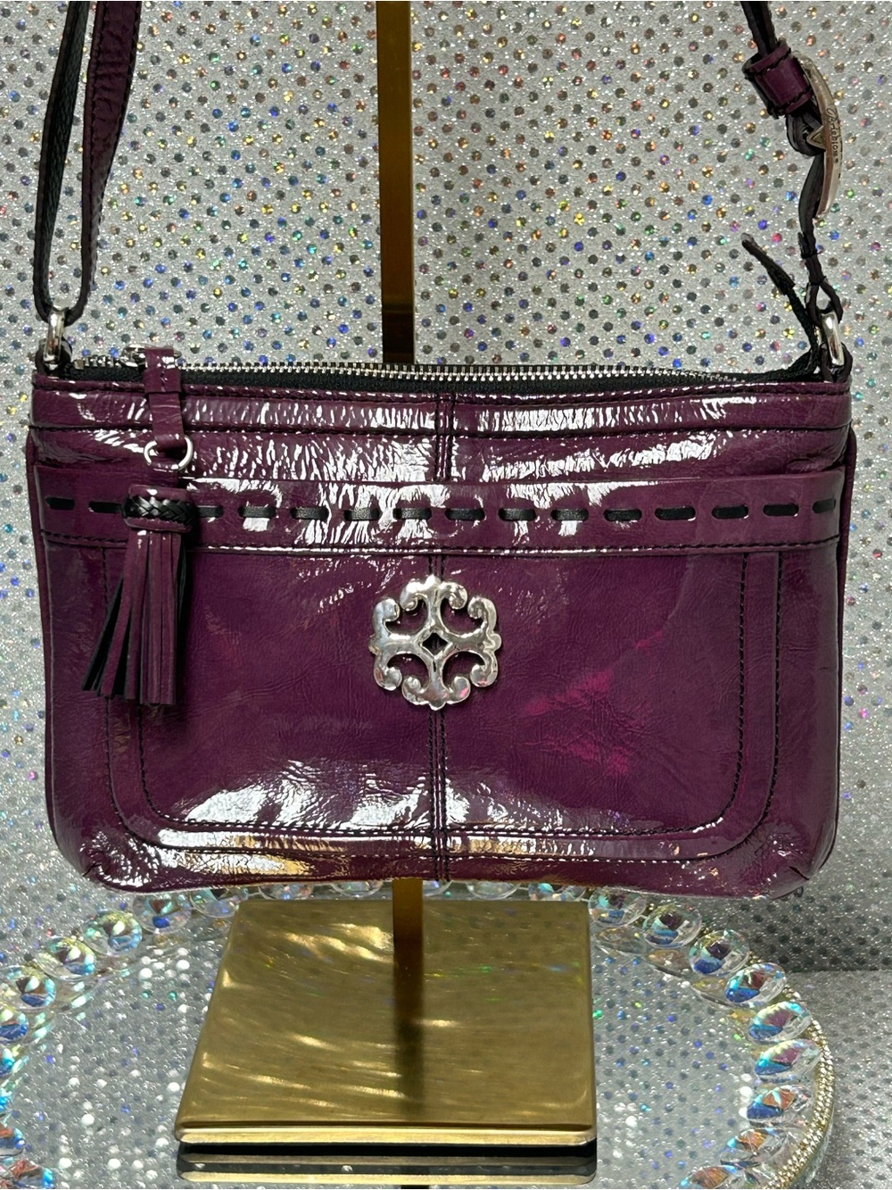 Brighton Purple Patent Leather Crossbody Bag w/Tassel Approx. 9.5 x 6.5